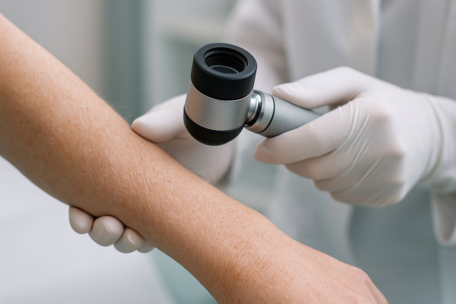 A dermatologist checks dry skin on a forearm