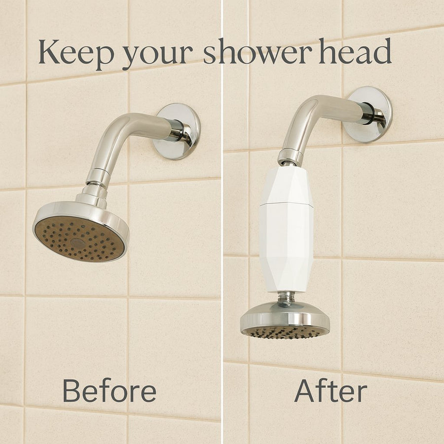 Keep your shower head: the filter goes between arm and head