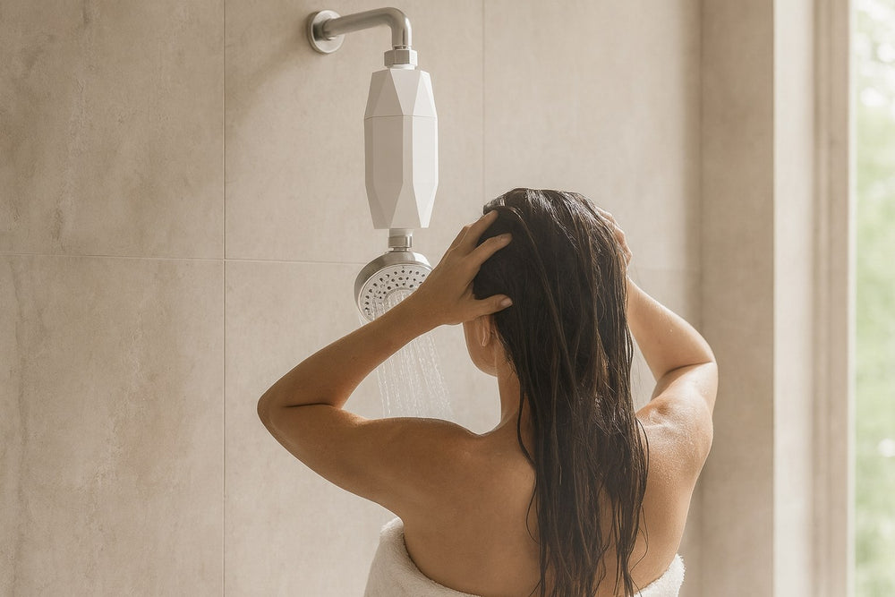 Woman washing her hair under a shower with the VATNARA filter installed